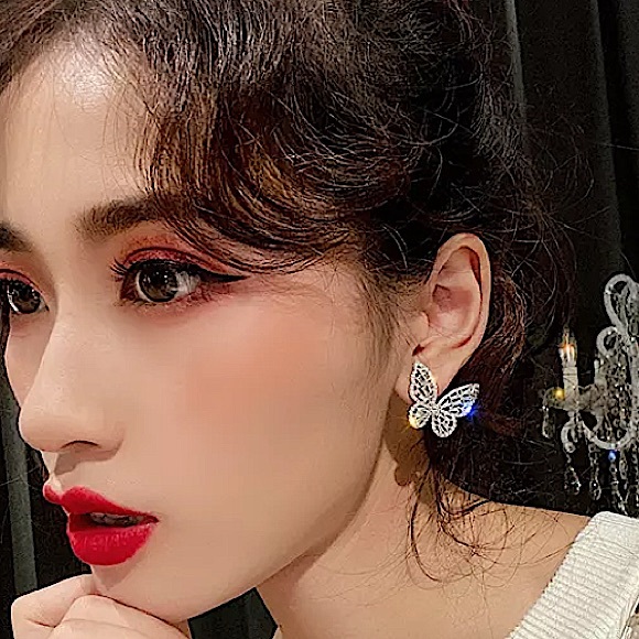 SILVER DIAMOND BUTTERFLY EARRINGS - Picture 8 of 12